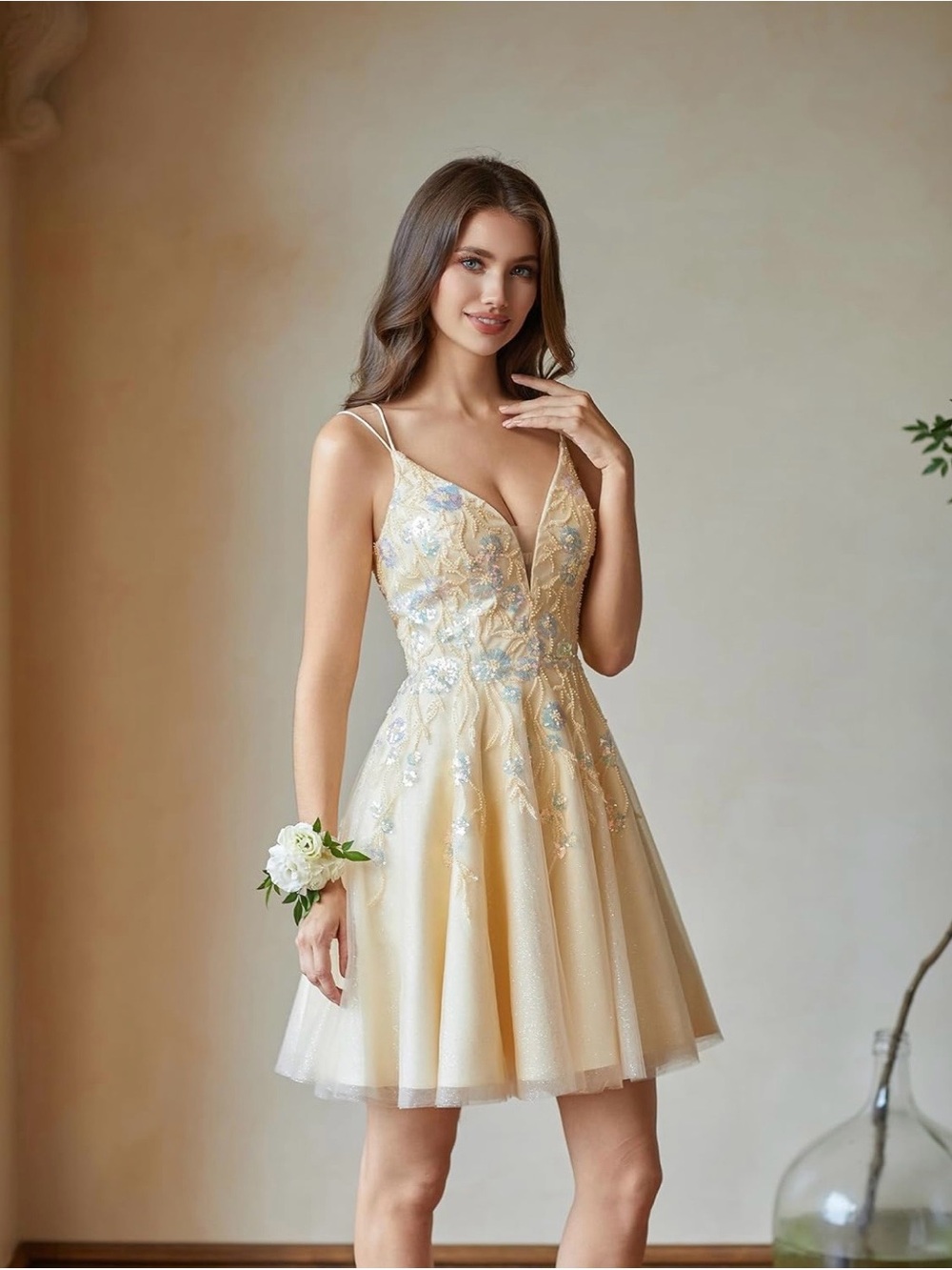 VIP Bridal Ivory Embroidered Sequin Homecoming Dress | Corset Back | Size 4